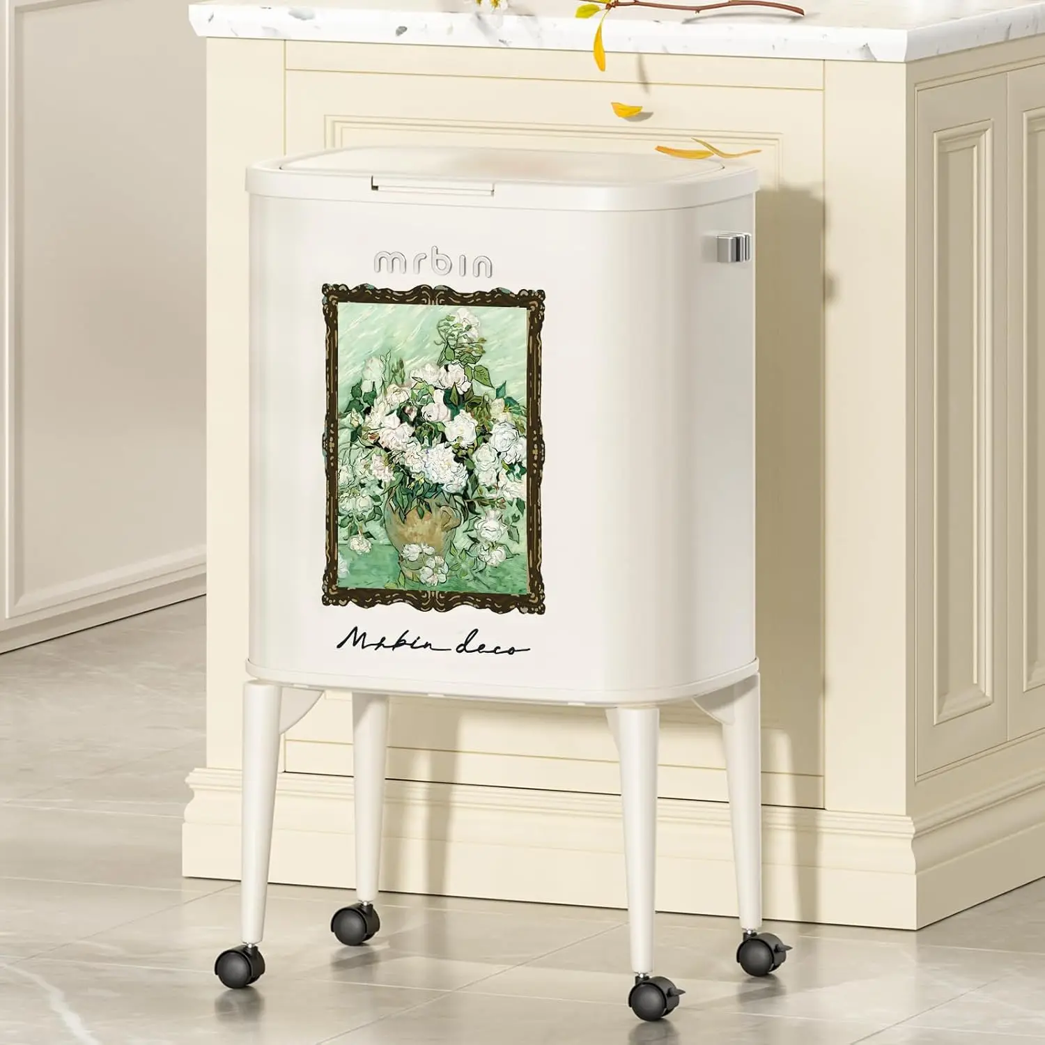 

Metal Kitchen Trash Can with Wheel Legs, 36L / 9.5gal Medium Press Lid Slim Removable Waste Basket, Pet Proof Tall Narrow Garbag