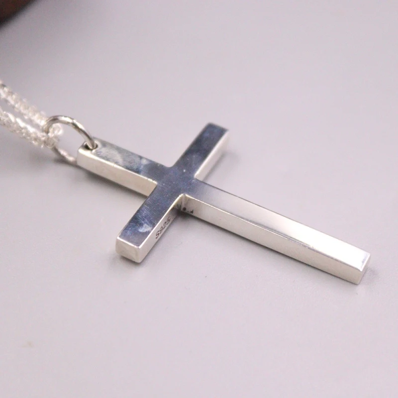 Real Solid 925 Sterling Silver Men Women Lucky Smooth Glossy Square Cross Pendant