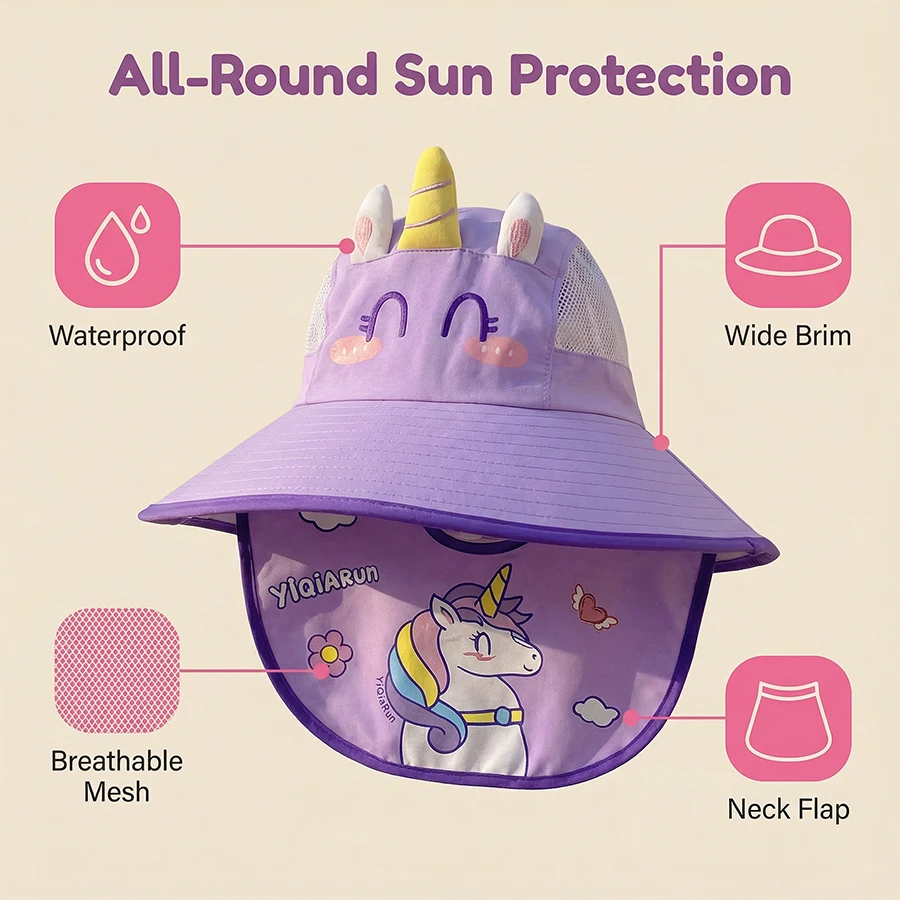 1. A children's sun protection hat for summer, a large-brimmed breathable mesh net eye unicorn for baby protection from UV rays - view 2