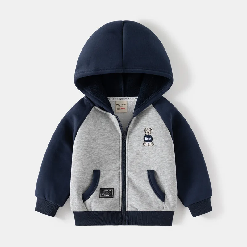 Autumn Baby Boy Open Stitch Coats Thicken Bear Printed Sticker Children Boy Jacket Velvet Spliced Long Sleeve Infant Boy Hoodies