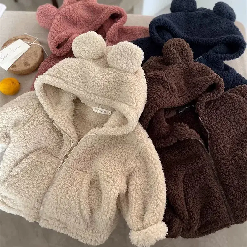 Boys' Winter Thick Cotton Coat Baby Lamb Wool Coat Girls' Ear Wool Sweater Children's Plush Coat
