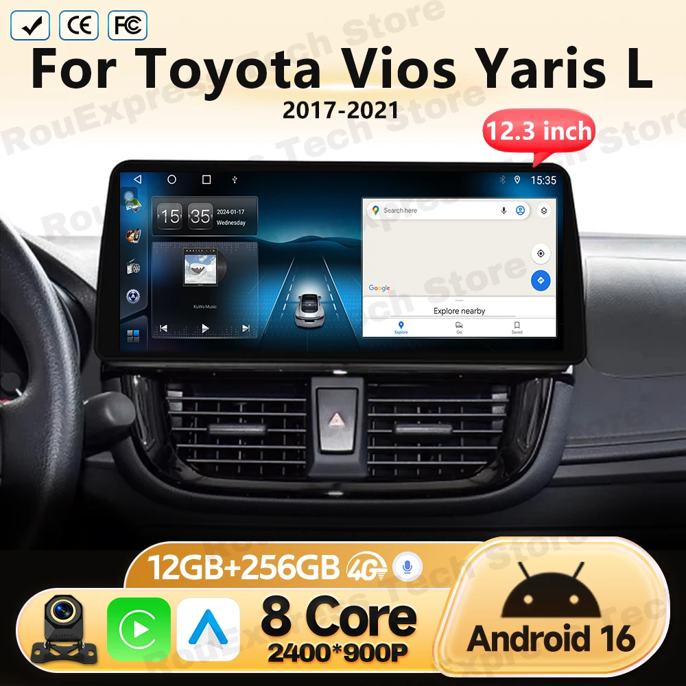 12.3 Inch Android 16 For Toyota Vios Yaris L 2017 2018-2021 Car Auto Radio Head Unit Multimedia Video Player GPS Navigation WIFI