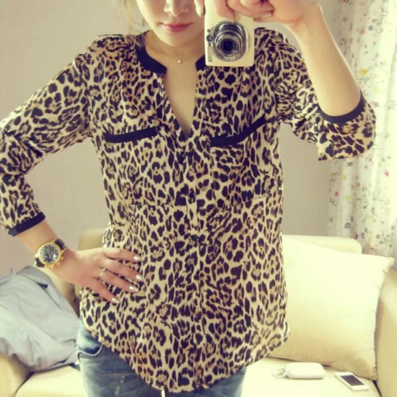 Chiffon Leopard Women Shirt Casual Long Blouses Print Slim Sleeve S Women Shirts Elegant Woman Clothing Loose