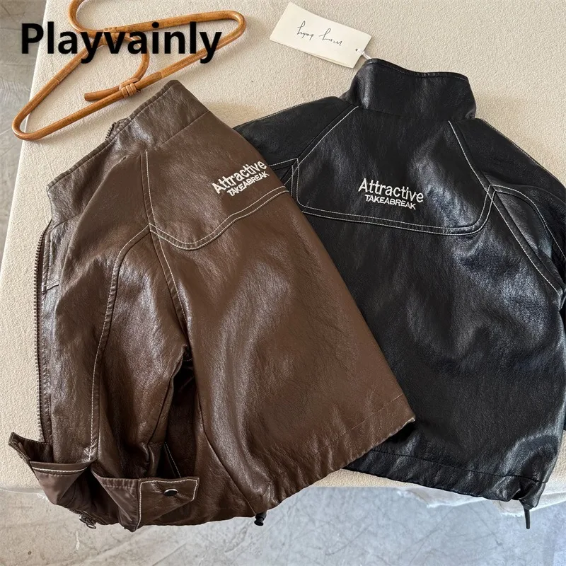 

2025 New Children Fashion Jacket Spring Autumn Boy Girl Letter Embroidery Black Coffee Faux Leather Coats Kids Outwear A0959