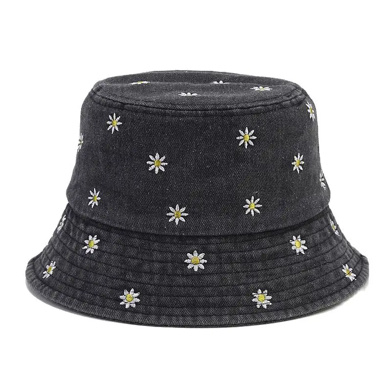 2023 Four Seasons Denim Flower Embroidery Bucket Hat Fisherman Hat Outdoor Travel Sun Cap for Men and Women 181