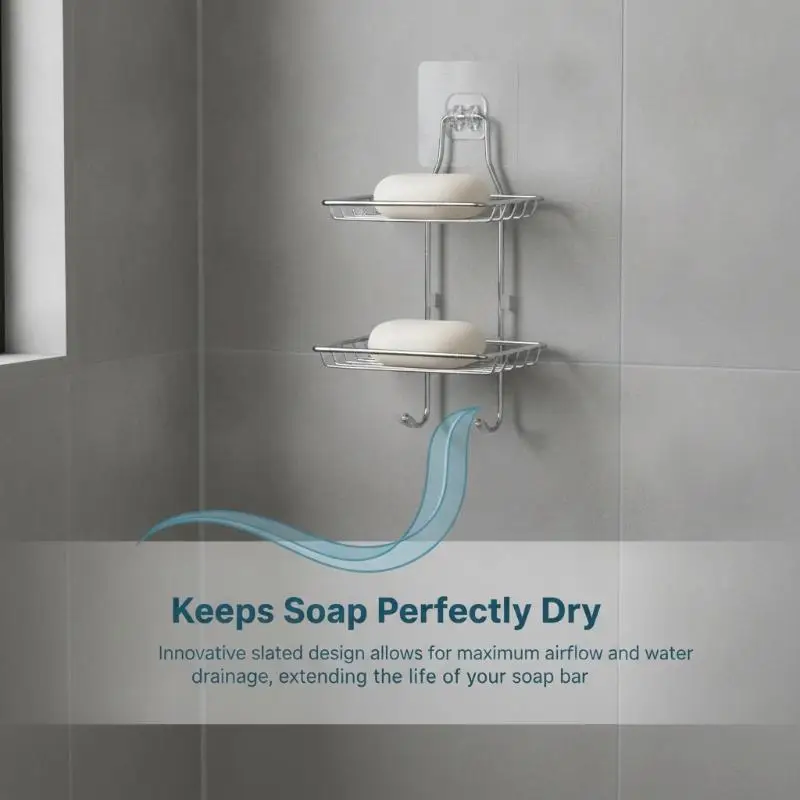 Stainless Steel Double Tier Draining Soap Dish Holder No Drill Wall Mounted Soap Rack Bathroom Kitchen Shower Storage Organizer view 5