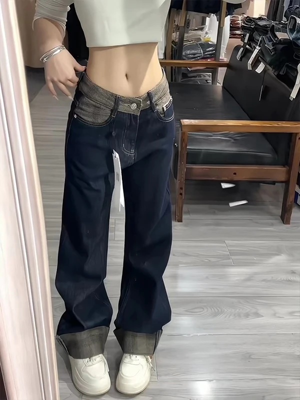 Retro American Spliced Color Block Cuffed Denim Pants Women's Spring Summer Loose Slim Straight Wide Leg Jeans High Waist Sof...