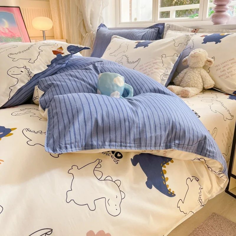 Dinosaur Duvet Cover Set 100% Cotton Blue White Bedding for Kids Boys Girls Teens Bed Cartoon Dinosaurs Dragon Comforter Covers