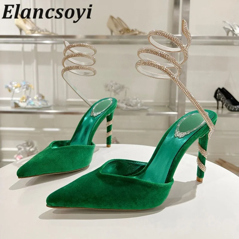 Sandals Summer Pointed Toe Sexy Thin High Heels Party Shoes Women Shiny Rhinestone Ankle Snake Shaped Winding Banque Shoes Pumps