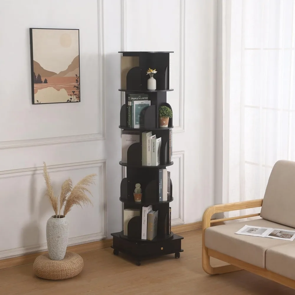 Libreria girevole in legno massello a 360 gradi con cassetti e ruote, libreria girevole per esposizione e conservazione di libri