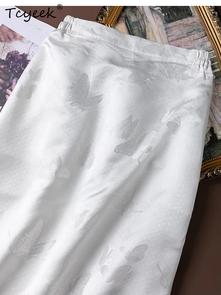 Tcyeek 100% Real Silk Women Long Skirts 2026 Summer New Arrive Elastic Waist Luxurious Skirt Ladies Clothing Faldones Para Mujer