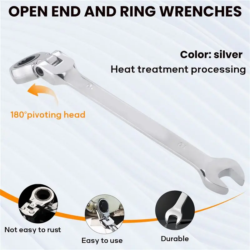 ABVT-1PC Flexible Head Ratchet Metric Spanner Open End And Ring Wrenches Tool 10Mm