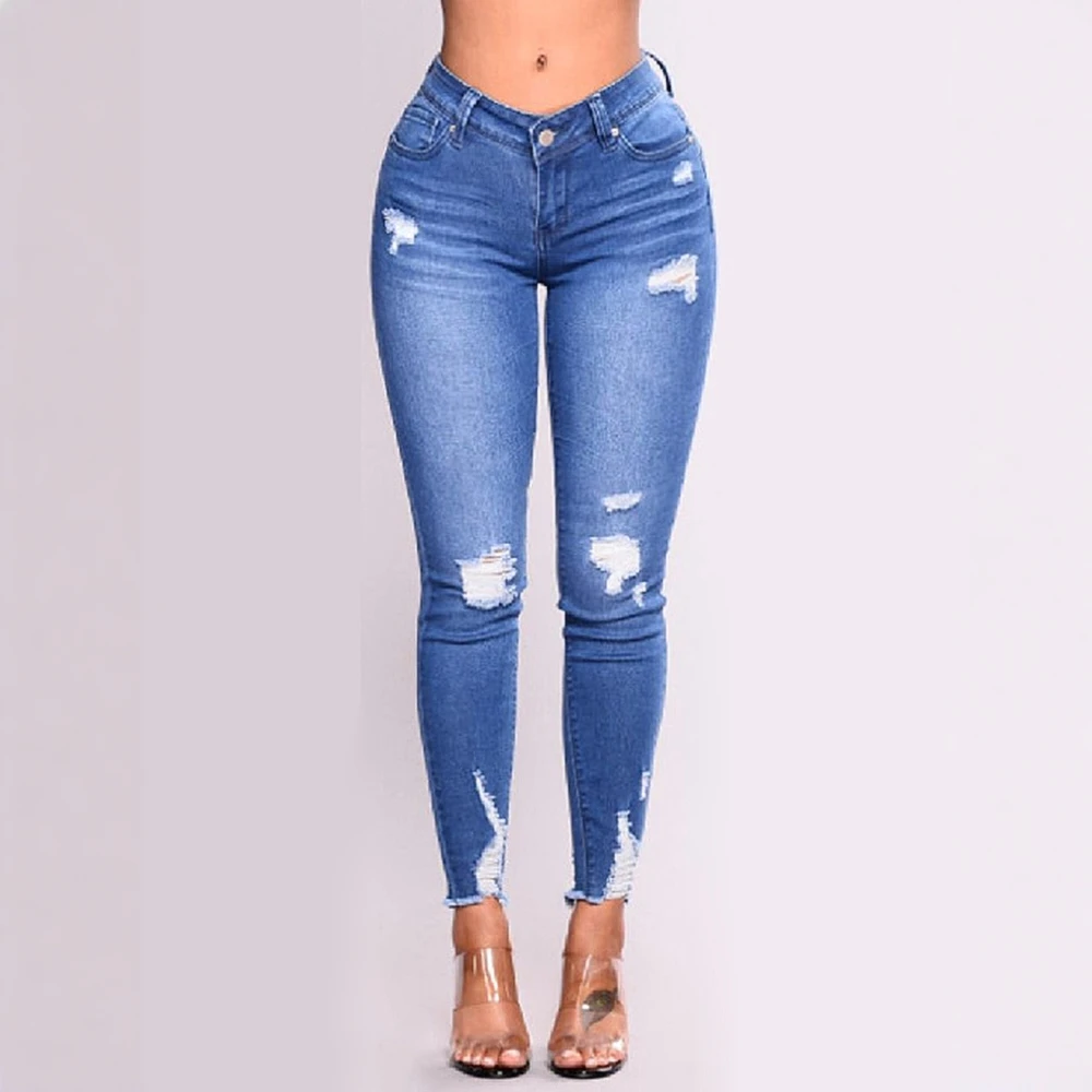 Женские узкие джинсы до щиколотки с высокой талией, рваные однотонные повседневные модные осенне-зимние джинсы