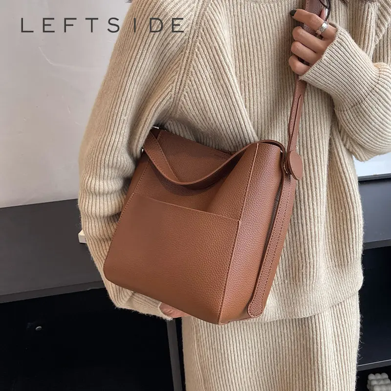 LEFTSIDE Bucket Shoulder Side Bags for Women 2023 Females Designers Trend Small Leather Crossbody Bag Handbags and Purses