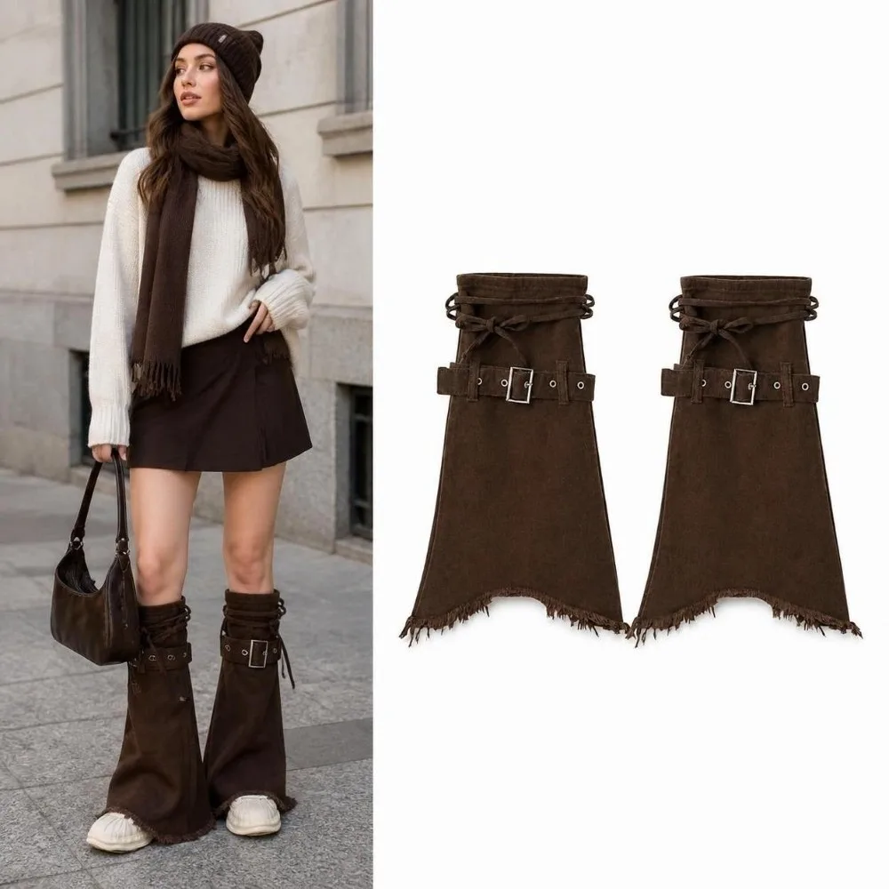 Y2K Washed Denim Denim Leg Warmers Adjustable Buckle Strap Closure Flared Leg Warmers Frayed Boot Cuffs Streetwear Style