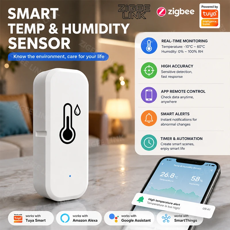 Zigbee3.0 Mini Smart Thermo Hygrometer Indoor Ambient Monitor Tuya Smart Life Real-Time Data Push Remote Alarm Voice Control