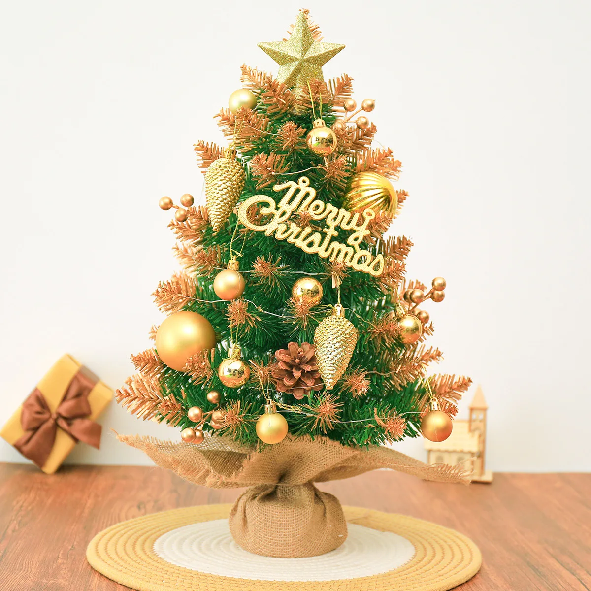 

45/60cm Merry Christmas Tree Office Home Bedroom Doll Gift Children Desk Decoration Small Desktop Ornament with Christmas Balls