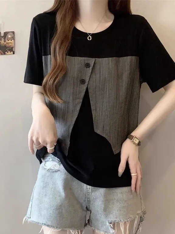 تي شيرت نسائي صيفي ort Sve مقاس كبير إخفاء البطن لصق oulder High Faion توب كوري فضفاض مناسب مستدير Ne