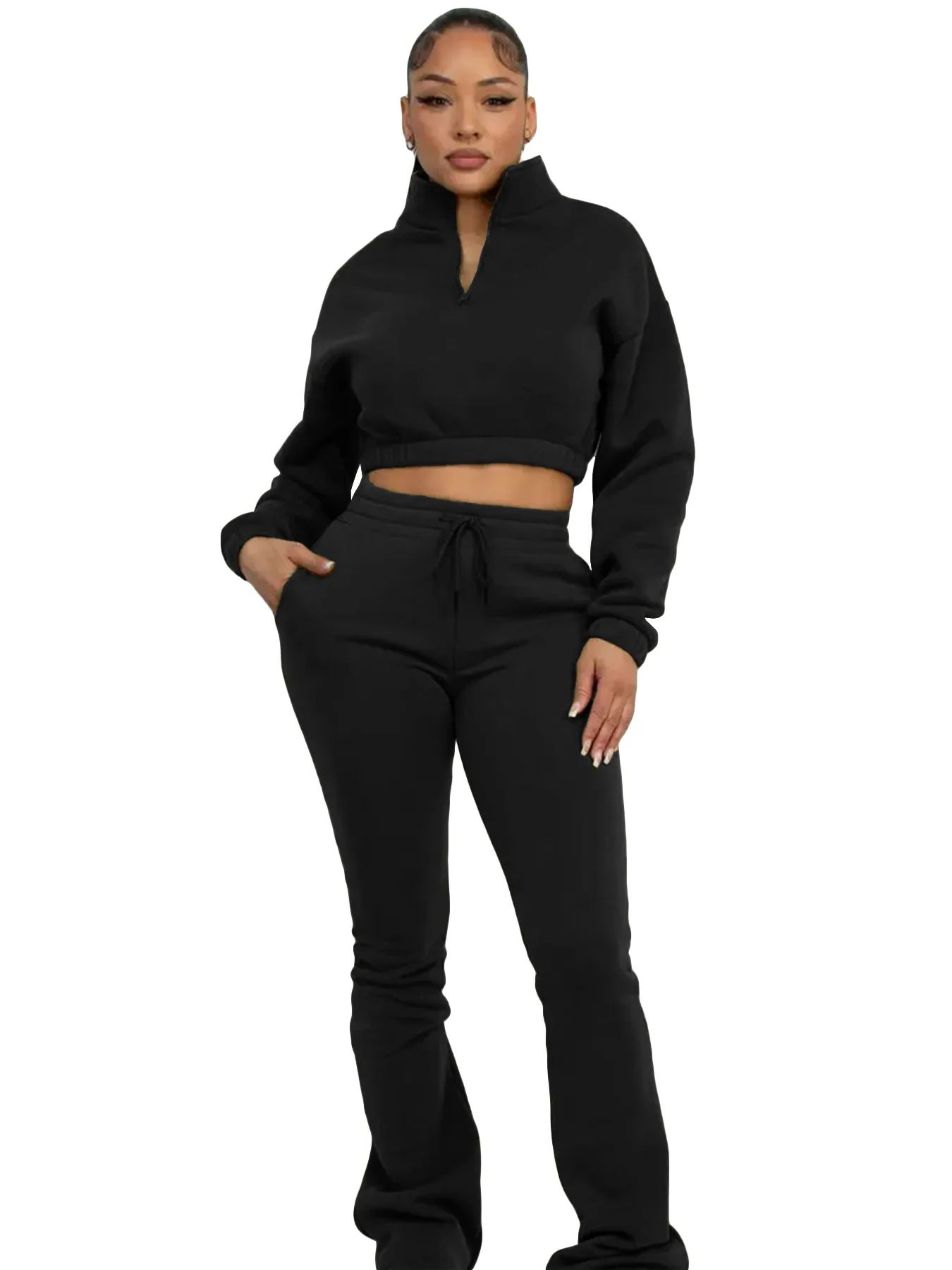 Custom LOGO European  American fashion women's semi-zipper open-button fleece sweater micro-horn trousers casual two-piece set
