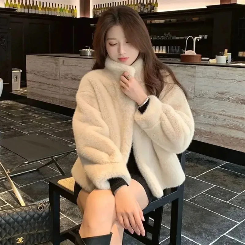 Nertsenbont Eendelige opstaande kraag bontjas voor jonge vrouwen Nertsen kort 2025, wintervrouw effen kleur Milieuvriendelijke losse bontjas