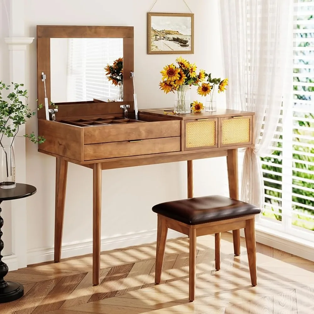 Furniture Makeup Dressing Table With Mirror Classic Wood Makeup Vanity Set With Flip-top Mirror and Stool Dressers for Bedroom