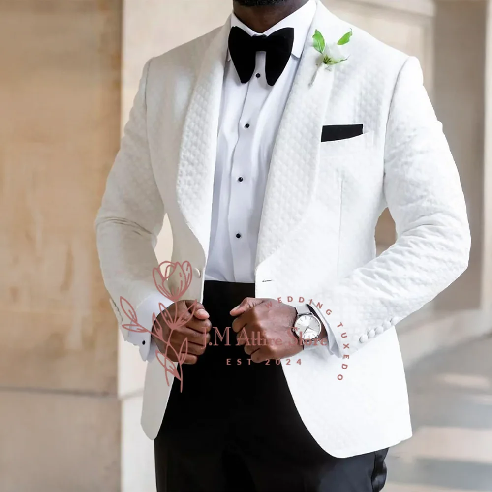 هوت كوتور الرجال بدلة الزفاف 2 قطعة مجموعة سترة بيضاء السراويل السوداء سليم صالح الملابس لعيد الفصح الكرة عيد الميلاد حفلة الذكور سهرة #1