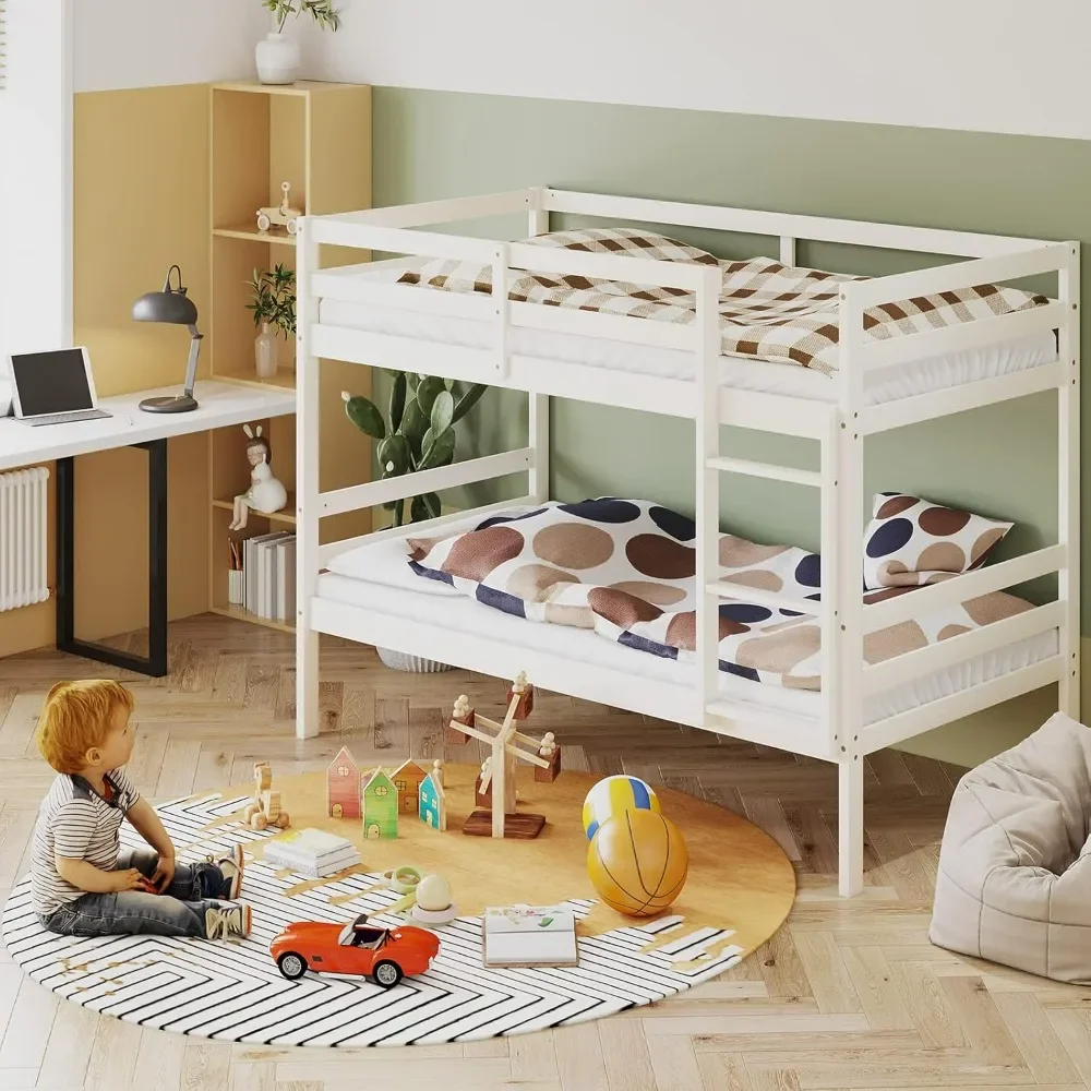 Wood Bunk Bed Twin Over Twin, Bunk Bed with Ladder & Safety Guardrail, Solid Wood Bed Frame,Ideal for Dormitory & Multiple-Child