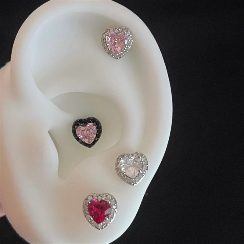 Shiny Colorful Heart Zircon 316L Stainless Steel Ear Bone Nail New Fashion Y2K Threaded Earrings for Women Cochlea Jewelry