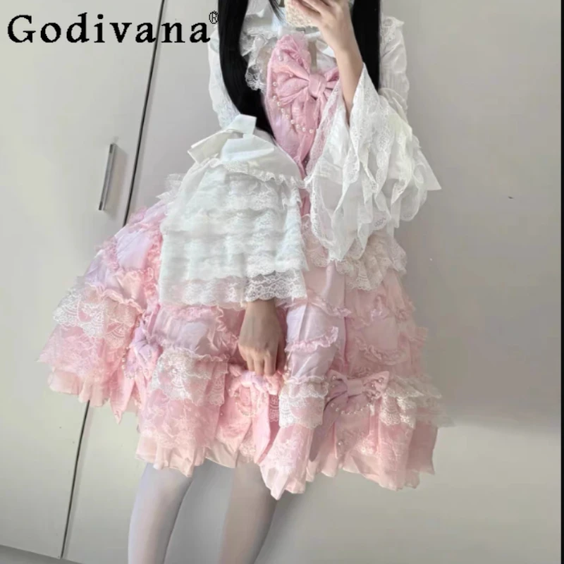 

Тонкая готическая Лолита, кружевная рубашка с расклешенными рукавами для тяжелой промышленности, весна-осень, универсальный возрастной топ с воротником Питера Пэна и бантом