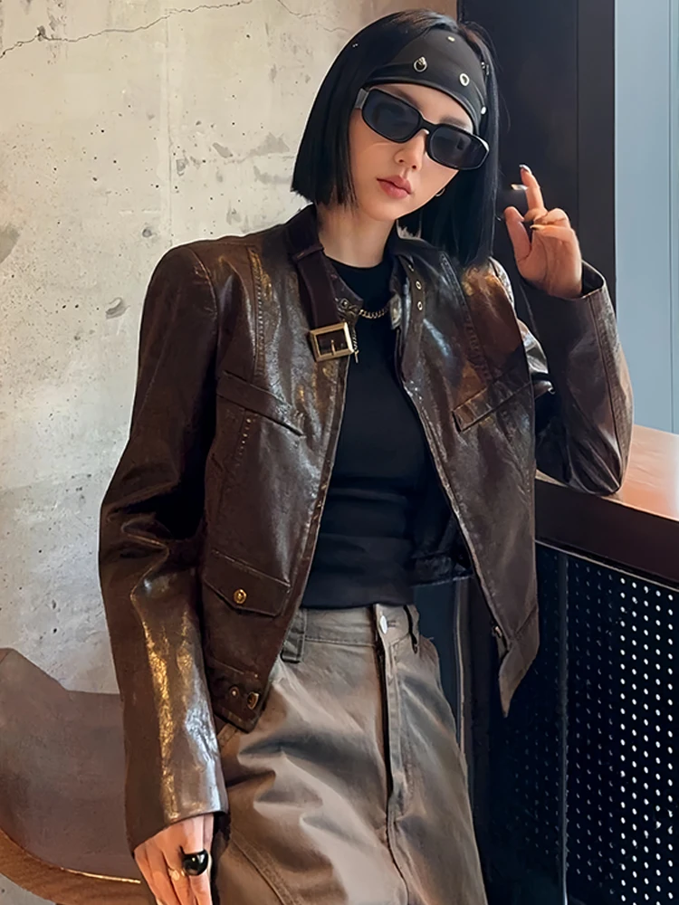 Jaet Retro único para mujer, abrigo de cuero adelgazante de aspecto joven, informal, holgado, con cierre de cremallera, otoño 2025