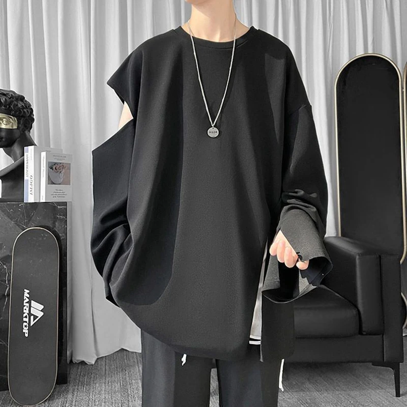Cold Shoulder Side Slit Solid Unisex Summer Casual Long Sleeve Men Clothes Trendy Fashion Oversized Woman Top Japan Streetwear