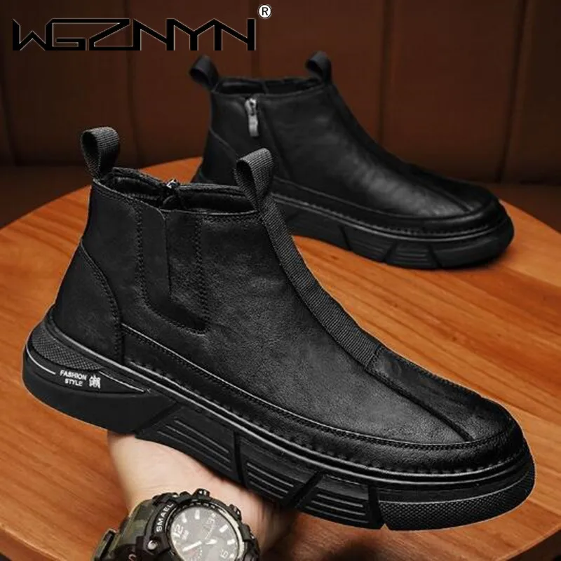 2024 Men\'s Boots Leather Casual Shoes Comfortable Breathable Solid Color Autumn Winter Men Loafers Plus Size Ankle Boots on Sale