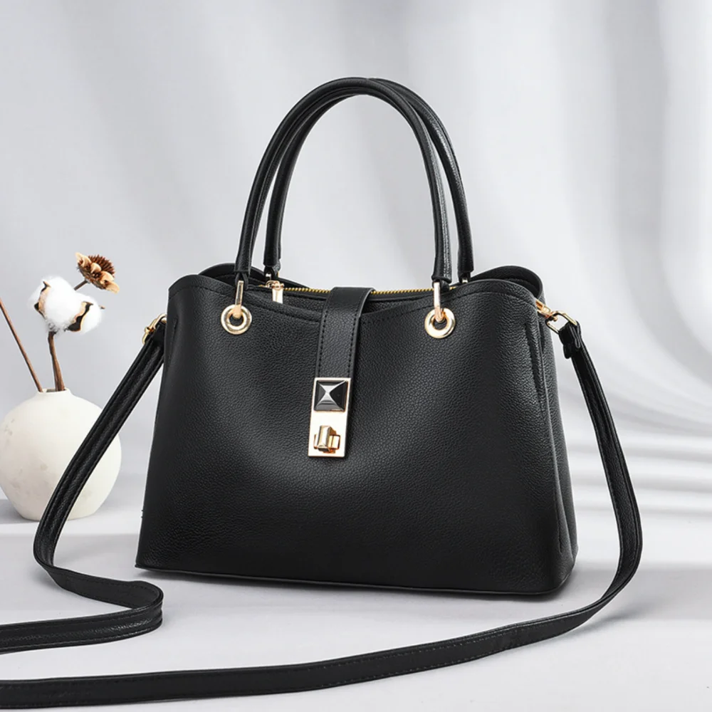 Twist Lock Zipper Shoulder Bag, Portable Handle Large Capacity Handbag