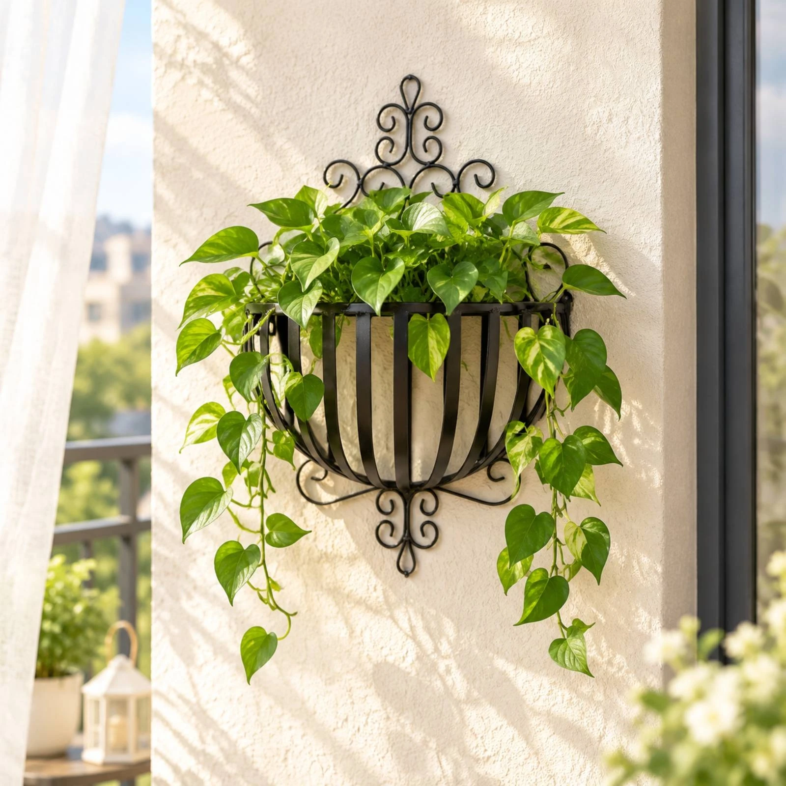 Wall-Mounted Iron Flower-Pot Holder Easy to Install Metal Wall Planter with Scrollwork Hanging Plant Basket with Curved Basket