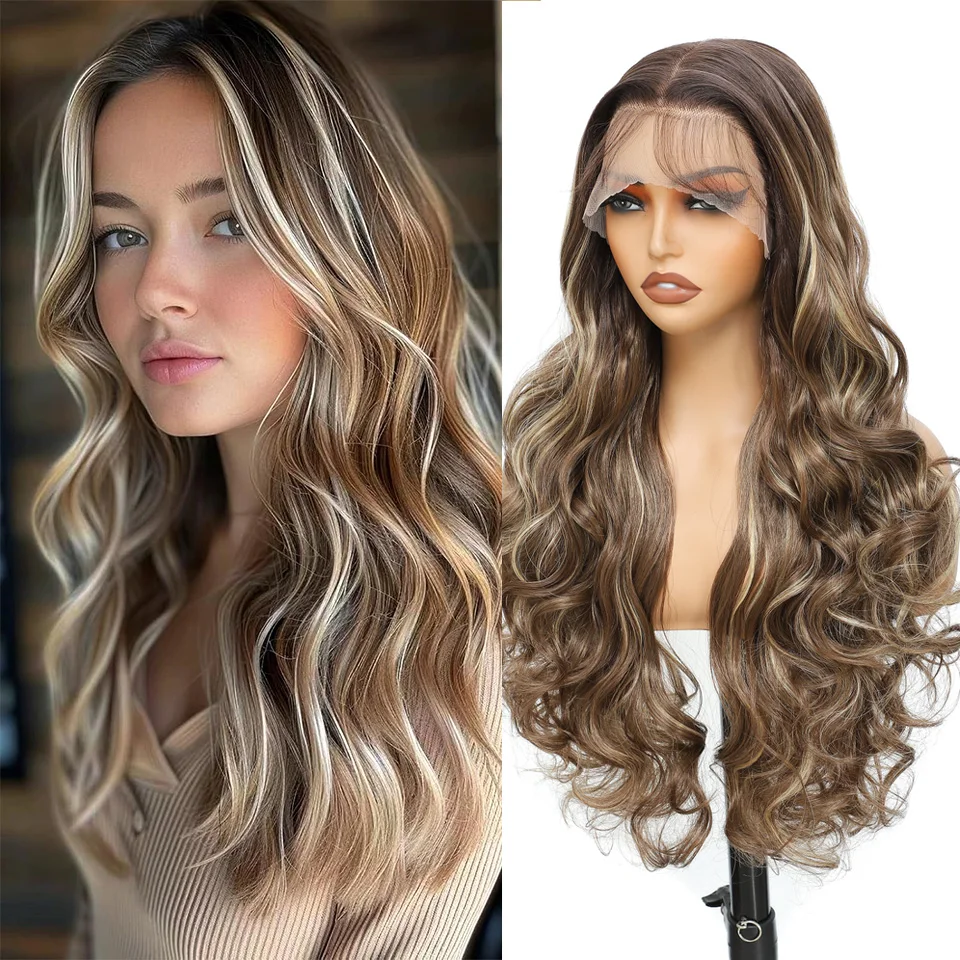 

30 Inch 13x4 Transparent Lace Front Wig 180% Density Body Wave Cosplay Wigs High Temperature Fiber Wigs Ombre Synthetic Hair Wig