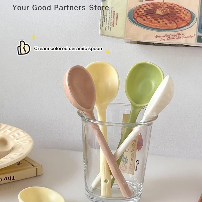 Candy Color Long Handle Ceramic Simplicity Irregular Dessert Soup Spoon Cutlery Portable Kitchen Utensils Supplies