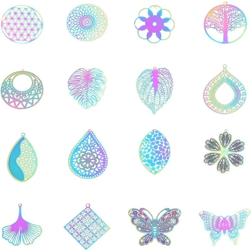 40pcs 2 Colors 5 Styles Ion Plating Stainless Steel Rainbow Filigree Big Pendants Butterfly Peacock Dragonfly Charm Etched Metal