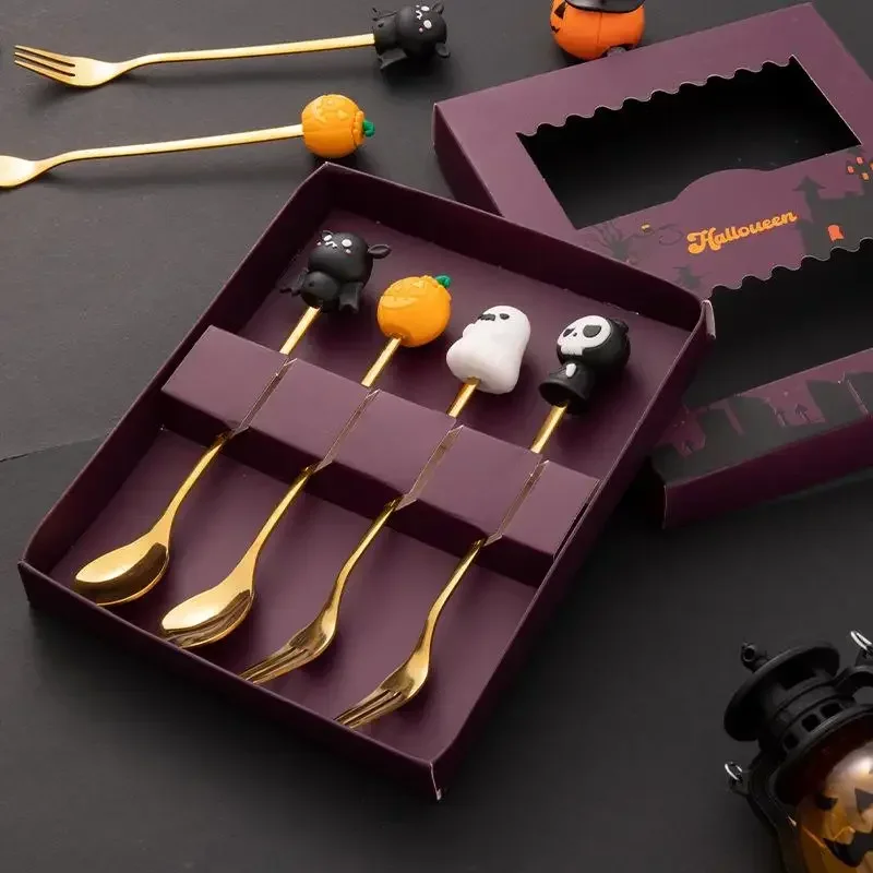 6pcs Halloween Doll Tableware Stainless Steel Coffee Stir Spoon Halloween Dessert Spoon Fruit Fork Theme Party Tableware Set