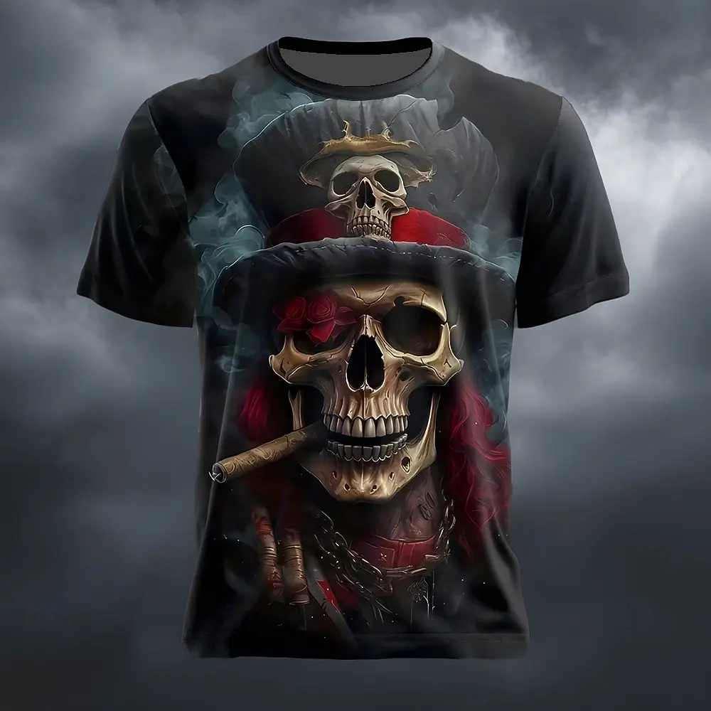 Men's 3D Pirate Skull Rose Printed T-shirt Gothic Skull Cigar Short Sleeve T-shirt Retro O-neck Top Halloween Party Street Dress