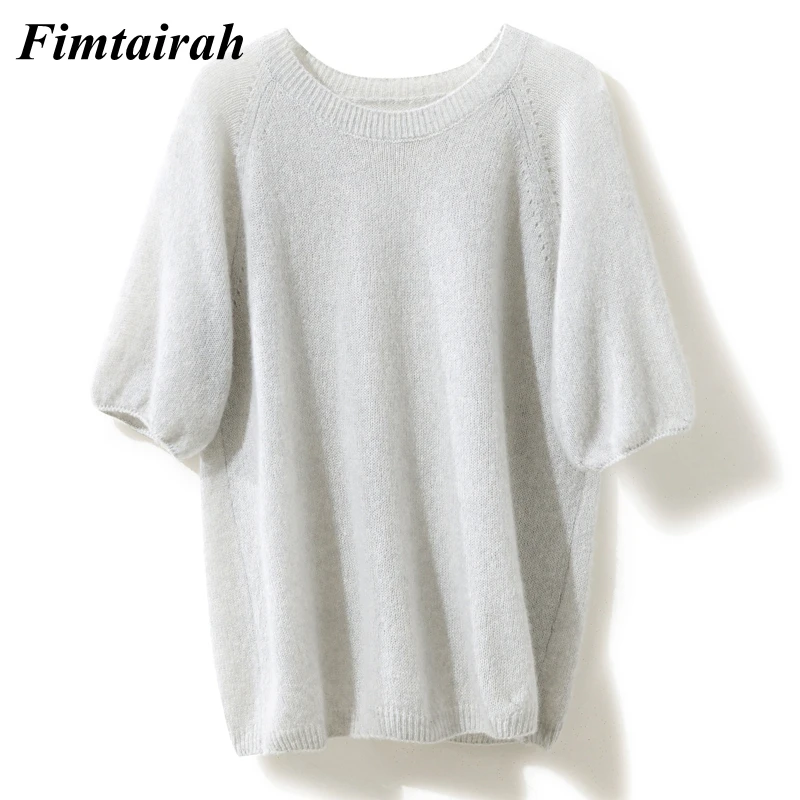 سترة نسائية من الكشمير ، بأكمام قصيرة ، تي شيرت فضفاض محبوك ، رقبة مستديرة ، بلوزة ، تي شيرت ، حرير التوت ، من Fimtairah