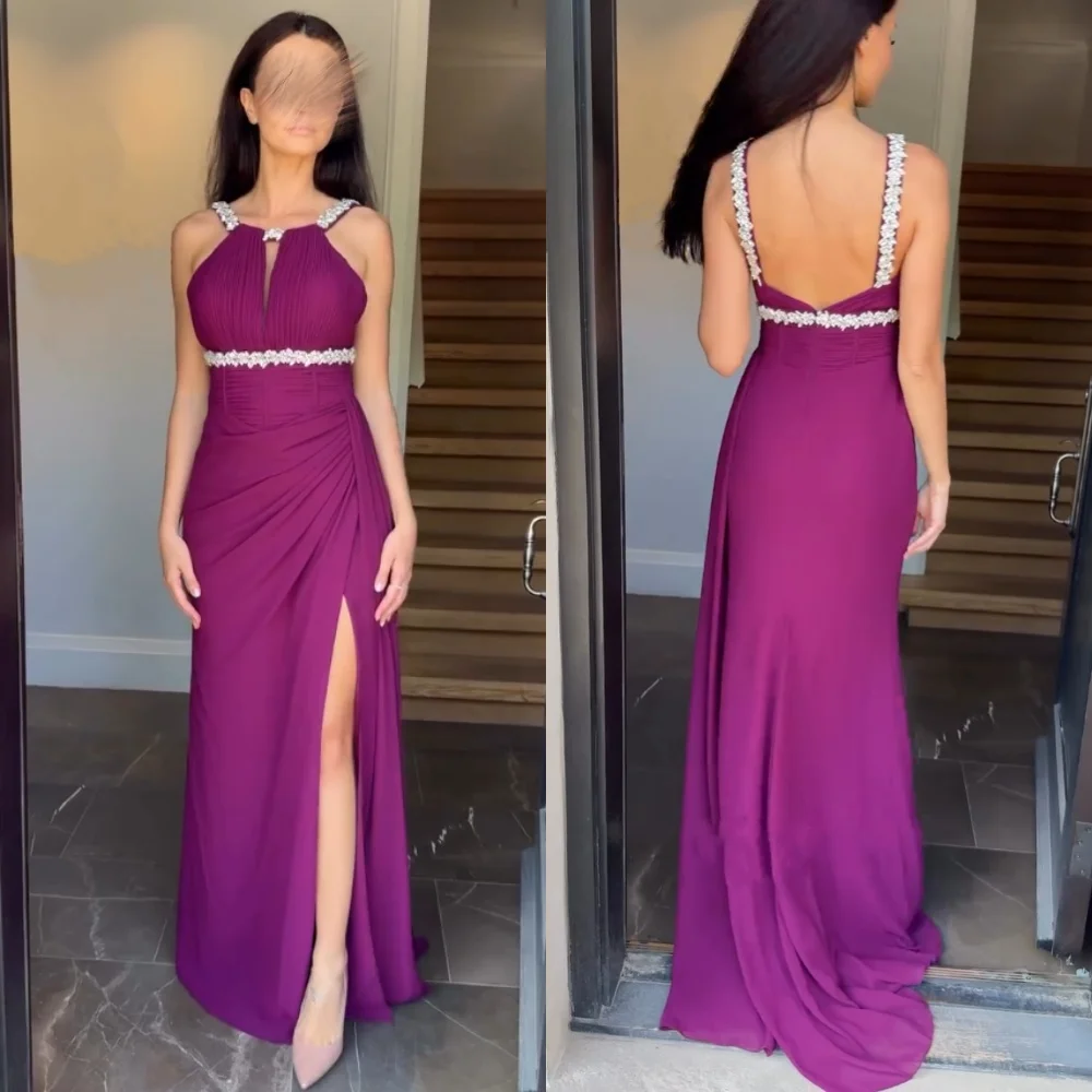Vestidos largos de trompeta con cuello redondo y pliegues de diamantes de imitación de gasa personalizados para ocasiones a medida mujer exquisita fiesta boda noche de mujer