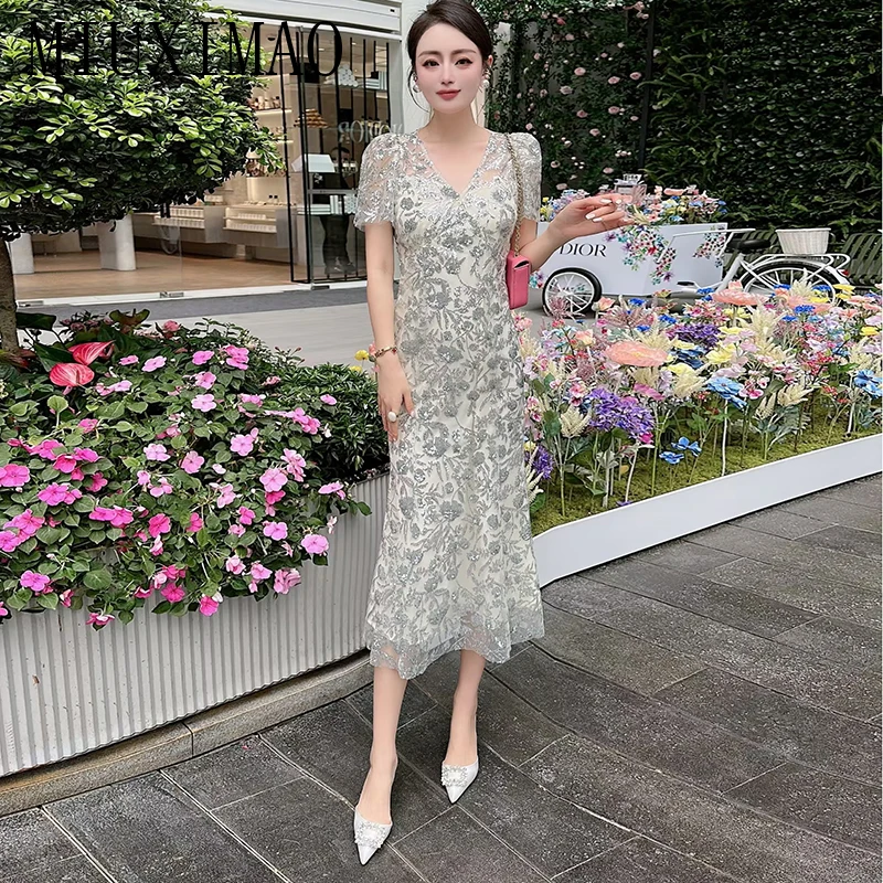 

MIUXIMAO 2023 High Quality Spring&Summer Elegant Dress Short Sleeve V-Neck Print Gauze Fashion Long Dress Women Vestide