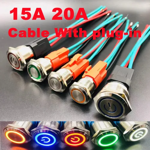 Interruptor de botón de metal, cable enchufable de alta potencia, 16, 19 y 22mm, 15A, 20A, reinicio de autobloqueo de motor automático, interruptor de parada de alta corriente LED