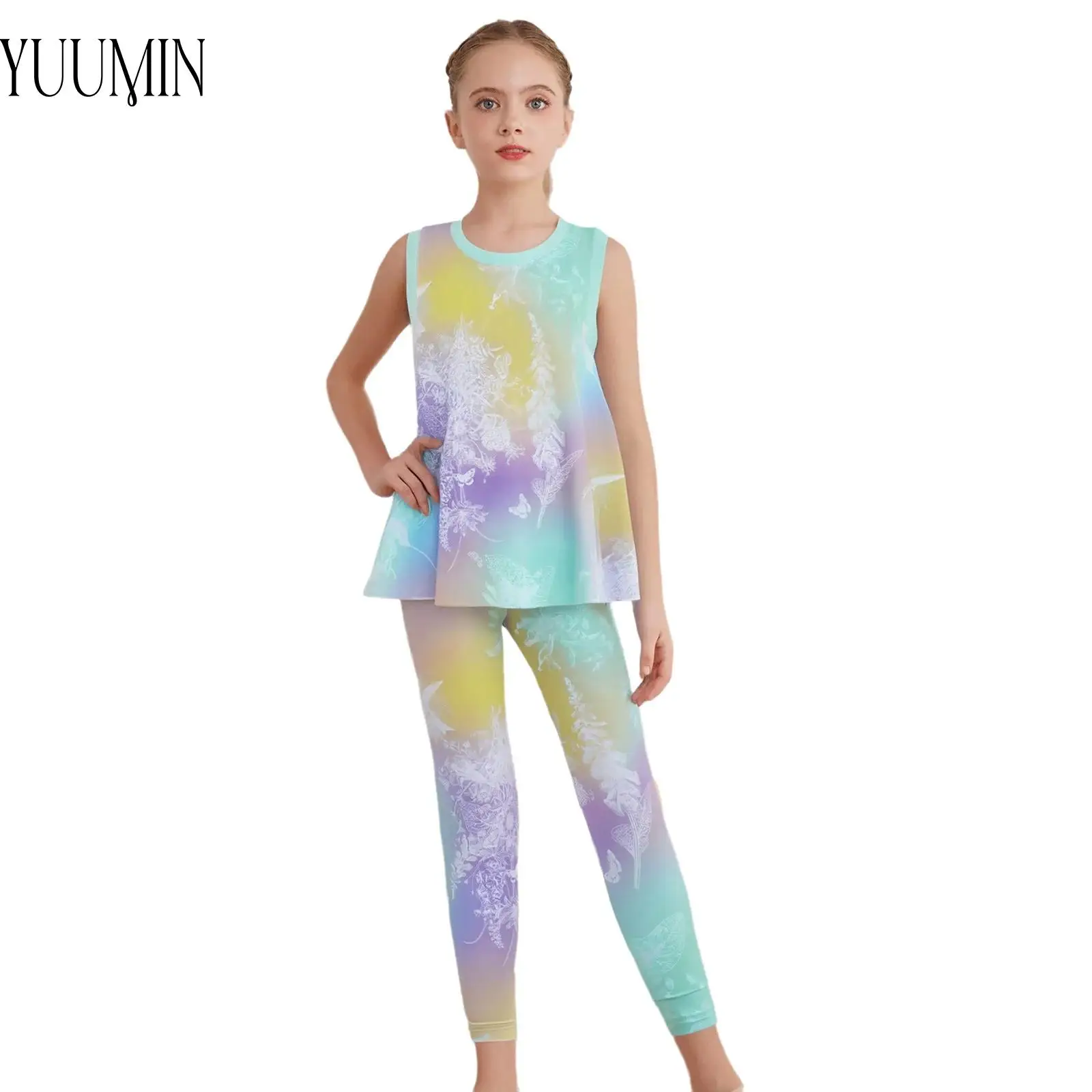 

New Style Kids Girls Fashion Printed Sports Set Quick-Drying Tracksuit Round Neck Sleeveless Tank Top+High Waist Leggings Outfit