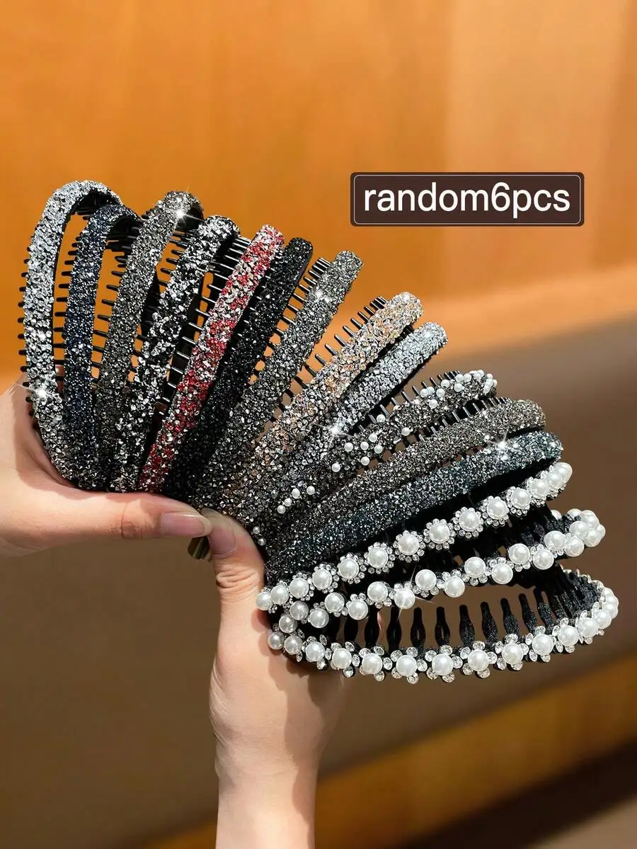 

6pcs Assorted Sparkling Rhinestone And Faux Pearl Side Hairbands For Women Hair Accessories