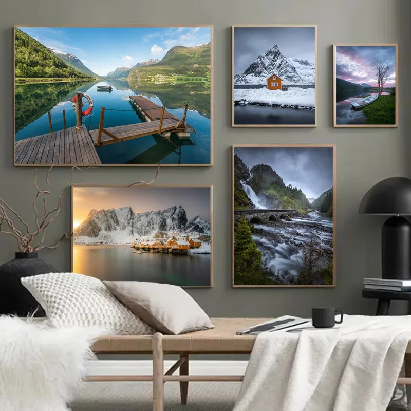 Norway Landscape Photography Print Epic Stryn Fjord Waterfall Scene Lake Reflections Atmospheric Nordic Nature Wall Art Poster