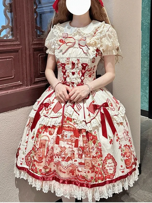 Abito da principessa stile ragazza dolce e carino quotidiano da donna originale Lolita Abiti da sera da fata Abito tutu sottile stampato con cartoni animati Kawaii