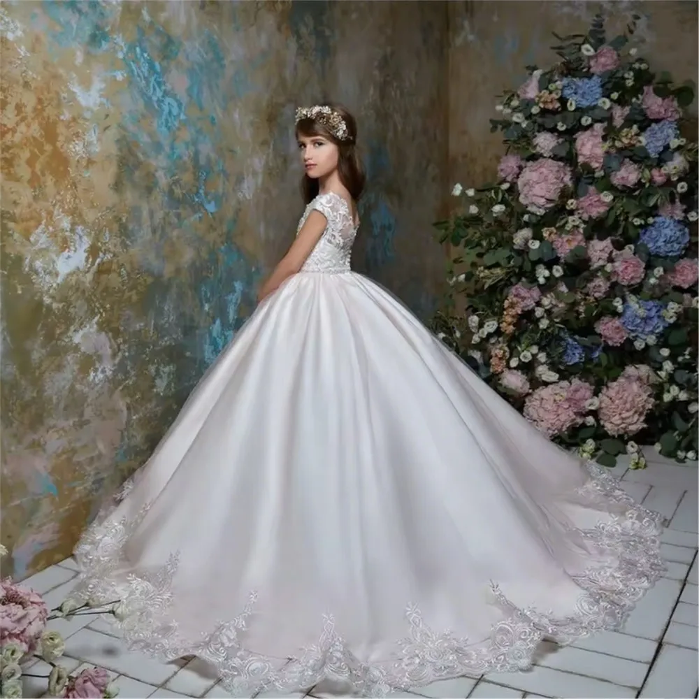 

Elegant Flower Girl Wedding Dress Satin Appliques Sequins Princess Baby Kids Birthday Party Pageant Gown First Communion Dress