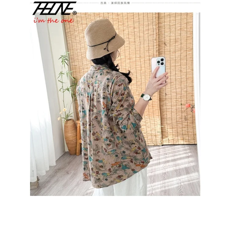 THHONE Women Plus Size New Shirts 2023 Oversized Blouses Korean Style Cotton Linen Printed Shirt Blouse Casual Top Blusas