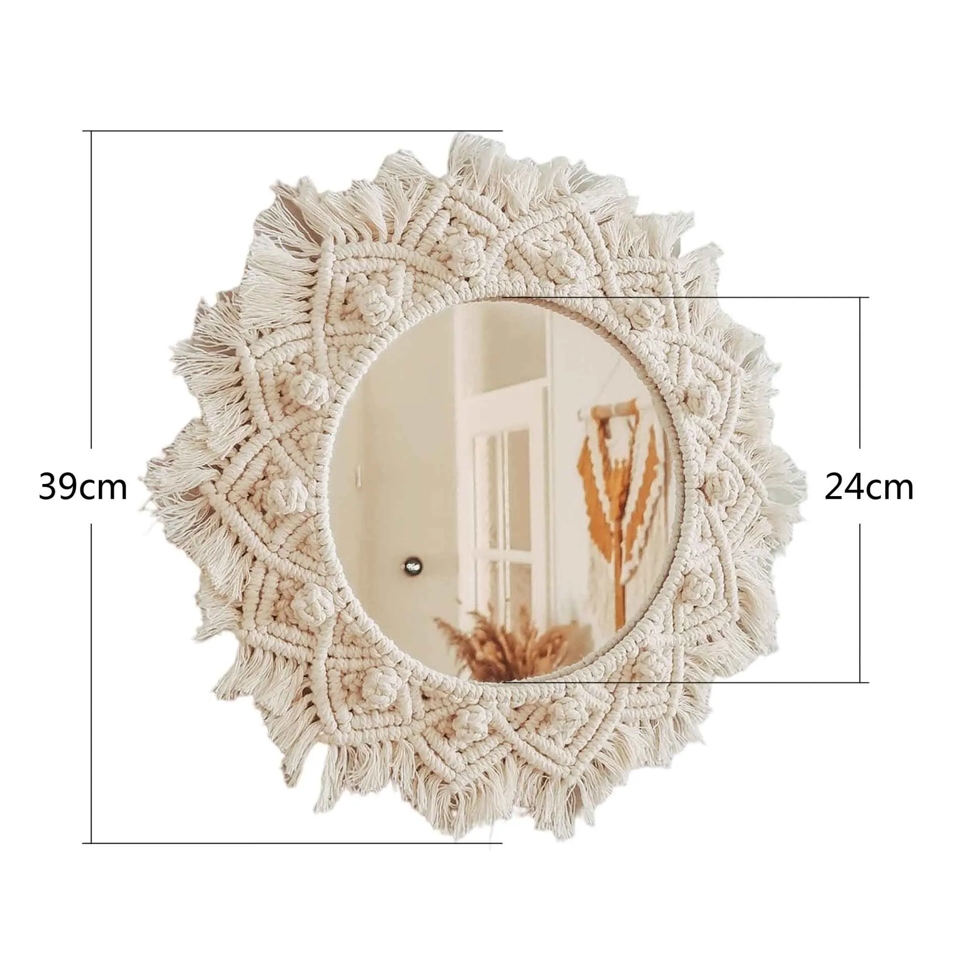 Specchio da parete decorativo rotondo in macramè Boho Home Decor trucco soggiorno camera da letto regalo di decorazione di nozze di natale